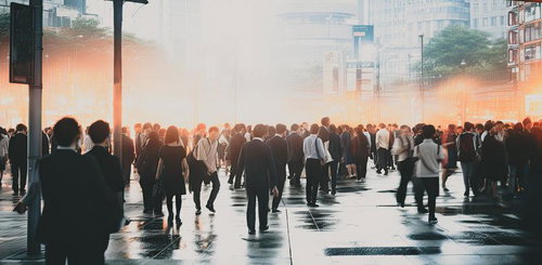 夕暮れ時にオレンジ光に包まれる混雑する駅前