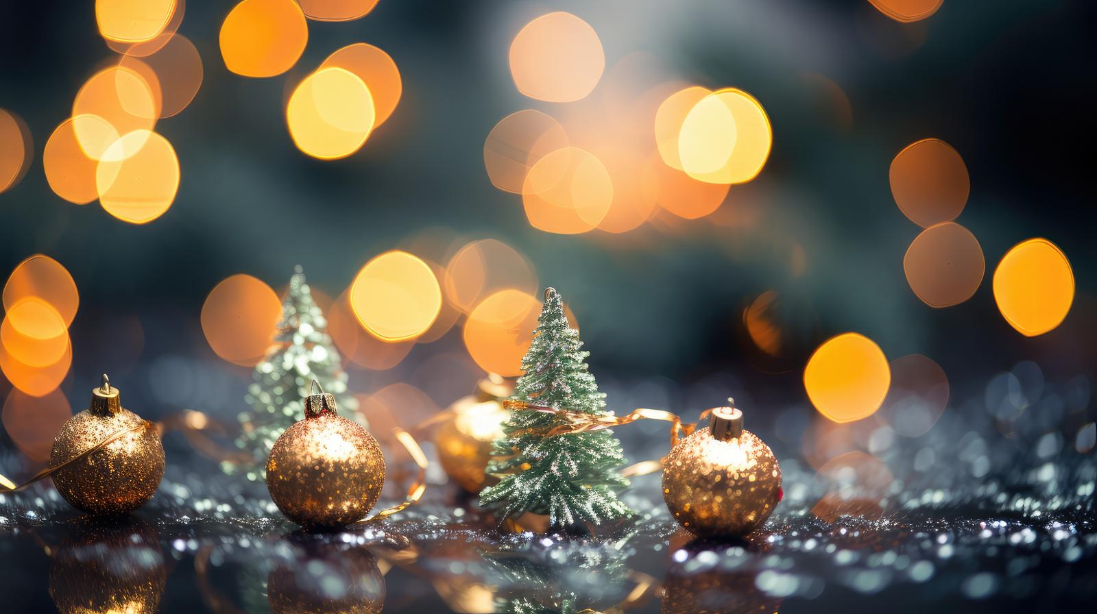 暖色のボケライトとゴールドオーナメント、雪化粧のクリスマスツリー