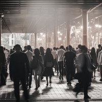 駅前の光に包まれた人混みと歩行者の混雑風景の写真