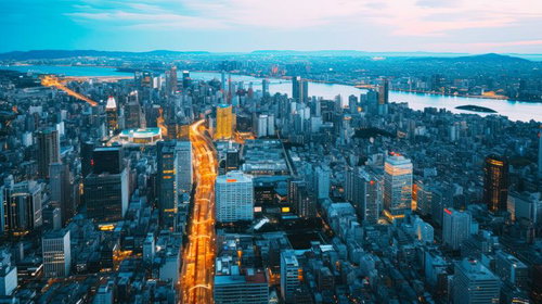 高層ビル群が立ち並ぶメトロポリスの夜景俯瞰