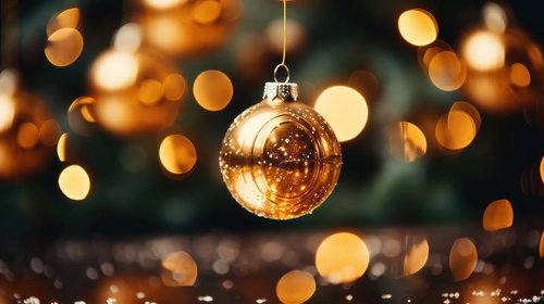 ゴールドに輝くクリスマスツリーのオーナメント玉とライトアップ