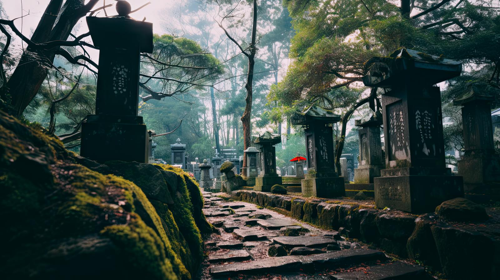 苔むした石段の両側に古い墓石が立ち並ぶ霧がかかった墓地風景
