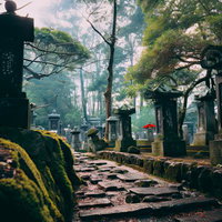 苔むした石段と古い墓石が立ち並ぶ和ホラー風の墓地の写真