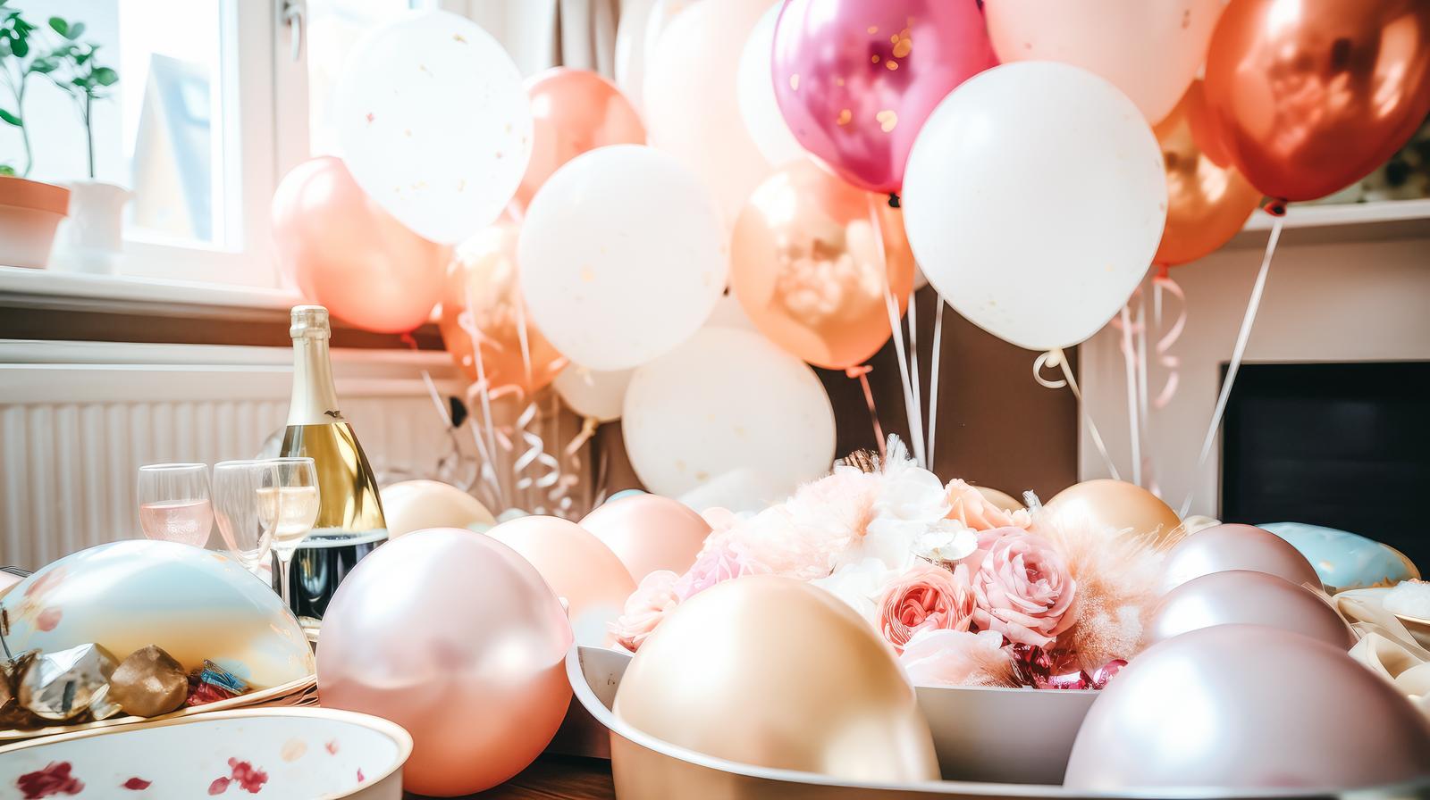 ピンクと白のバルーンで装飾されたシャンパンとバラの誕生日パーティーテーブル