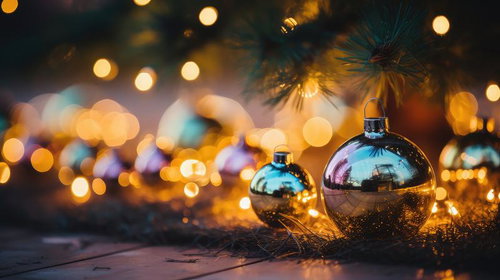 ライトアップされた庭先に輝くクリスマスオーナメント