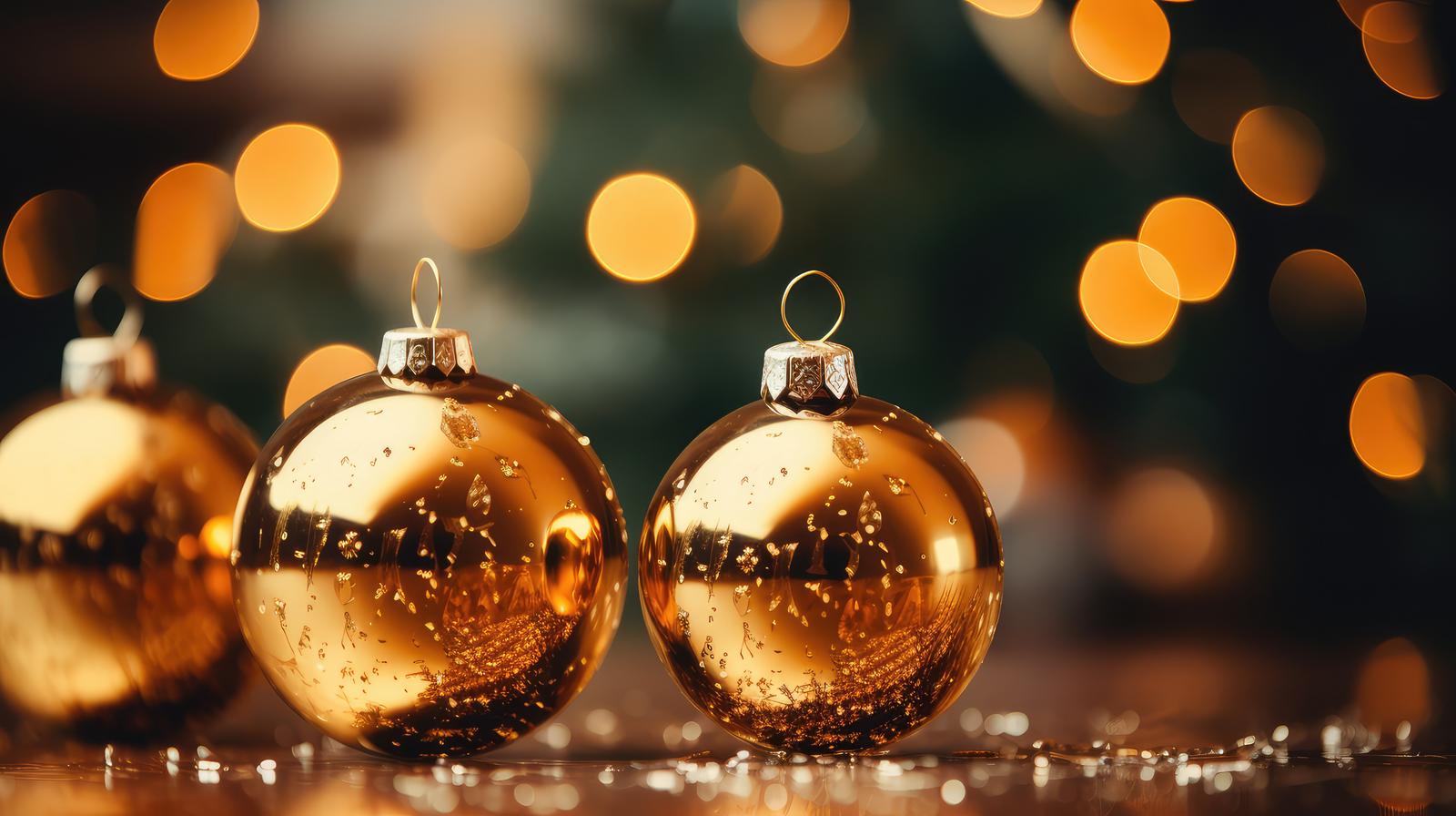 ゴールドのクリスマスオーナメントとボケ光の装飾画像