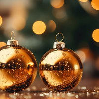 ボケ光で彩られた床上のクリスマスツリーの飾りの写真