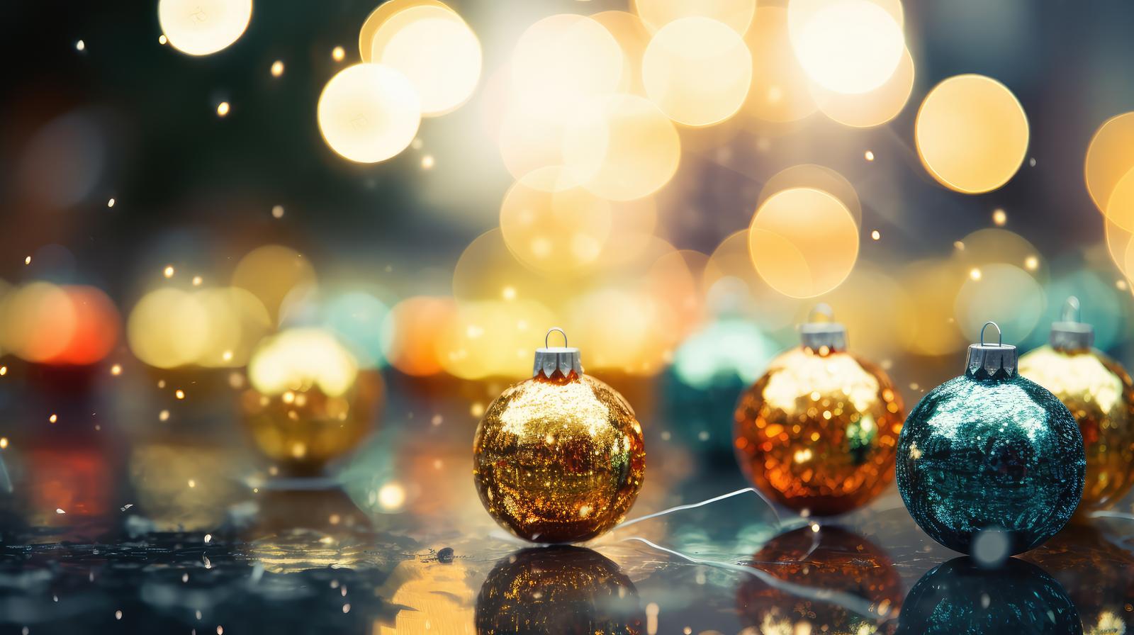 金色と青色に輝くクリスマスのボール状オーナメントとライトアップ