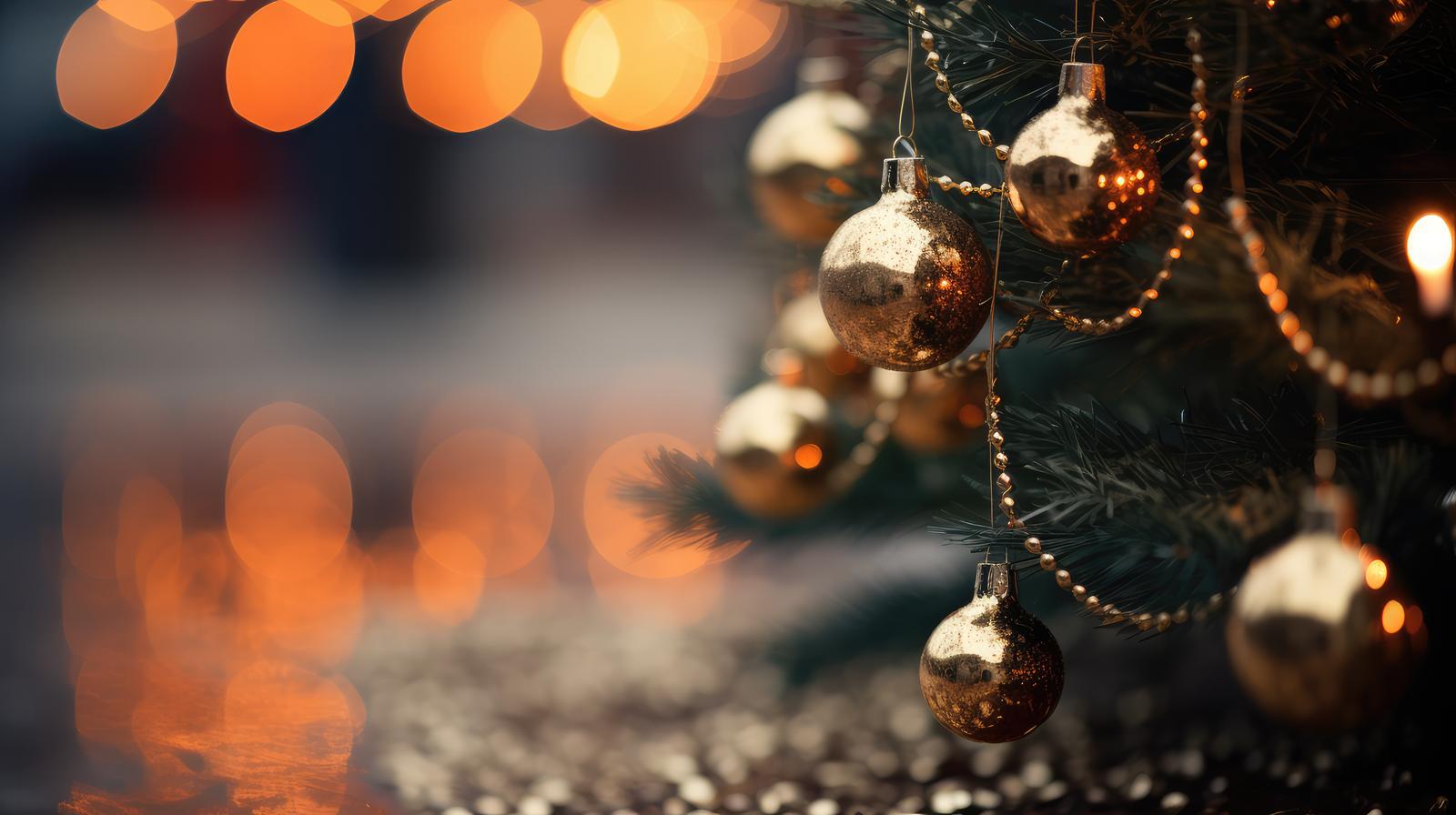 ゴールドと白のオーナメントがぶら下がるライトアップされたクリスマスツリー