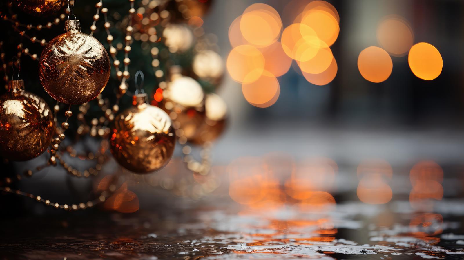 ライトアップされたクリスマスツリーのオーナメントと雨の地面