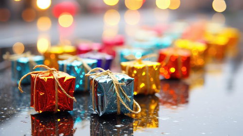 カラフルに並べられたプレゼントボックス、セール企画用ギフト