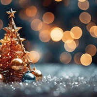 輝くクリスマスツリーとボケ光のライトアップの写真