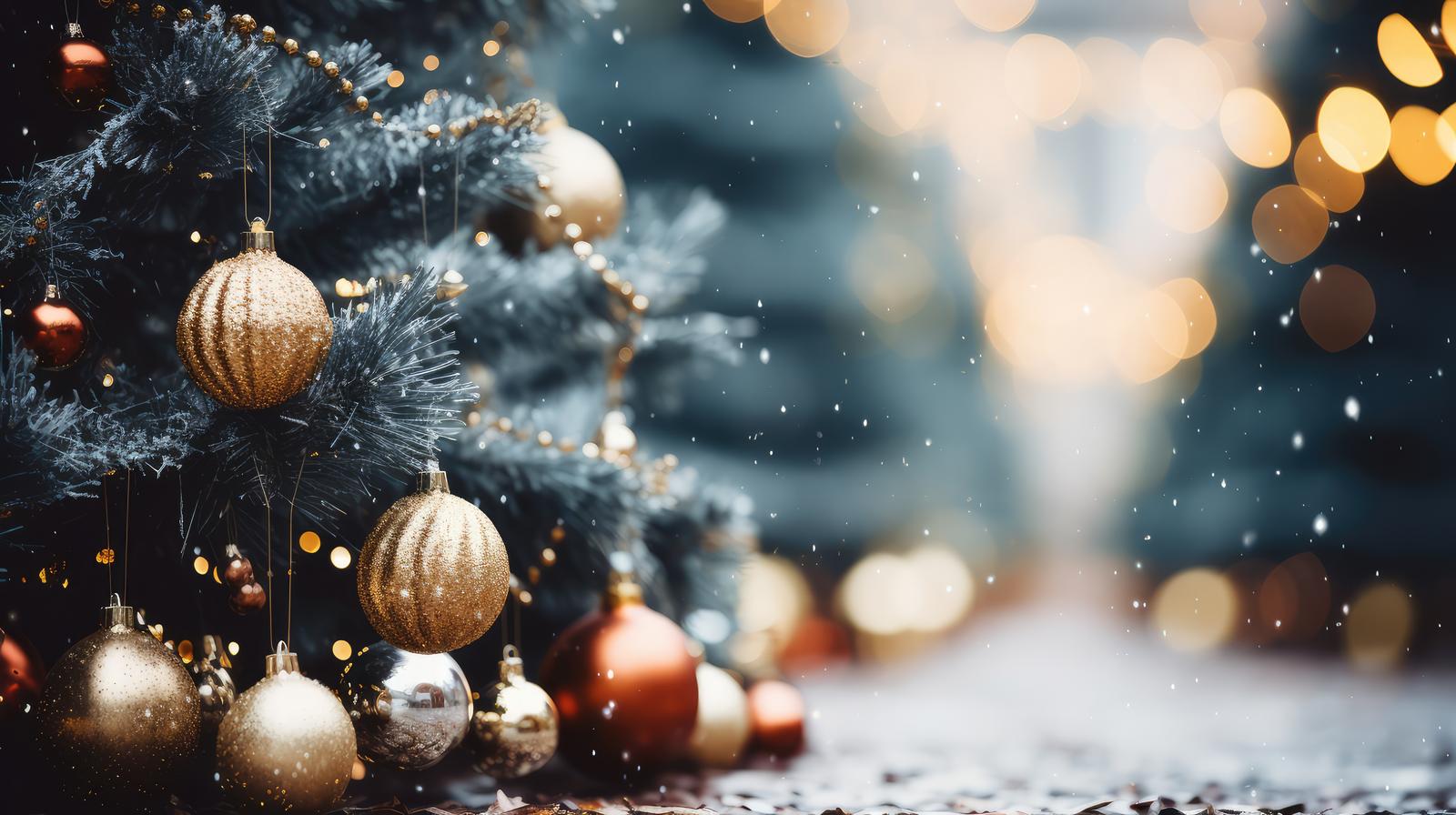 雪が舞うクリスマスツリーの松の枝に吊り下げられた金色と赤色のオーナメント