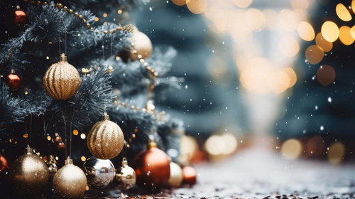 雪降るクリスマスシーズンのオーナメントと輝くライト