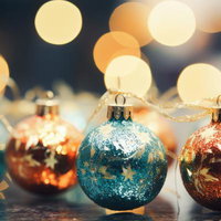 光に映るクリスマスオーナメント、青と赤のグリッター加工ボールの写真