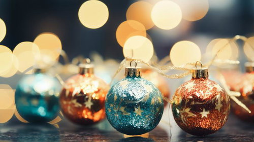 光に映るクリスマスオーナメント、青と赤のグリッター加工ボール