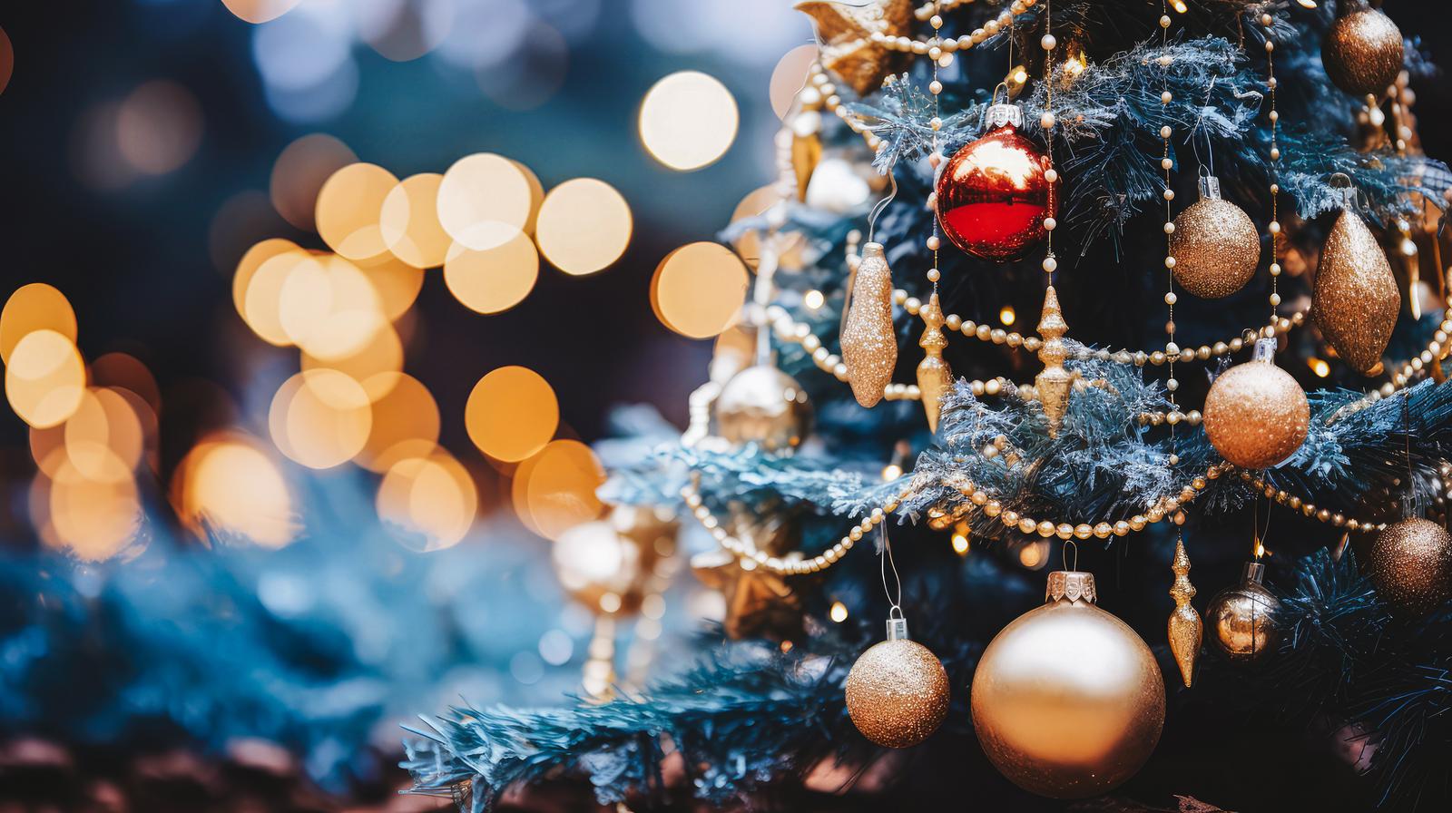 黄金のオーナメント装飾とイルミネーション背景のクリスマスツリー