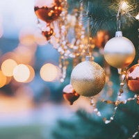 赤と白のオーナメントで飾ったクリスマスツリーの早朝ディスプレイの写真