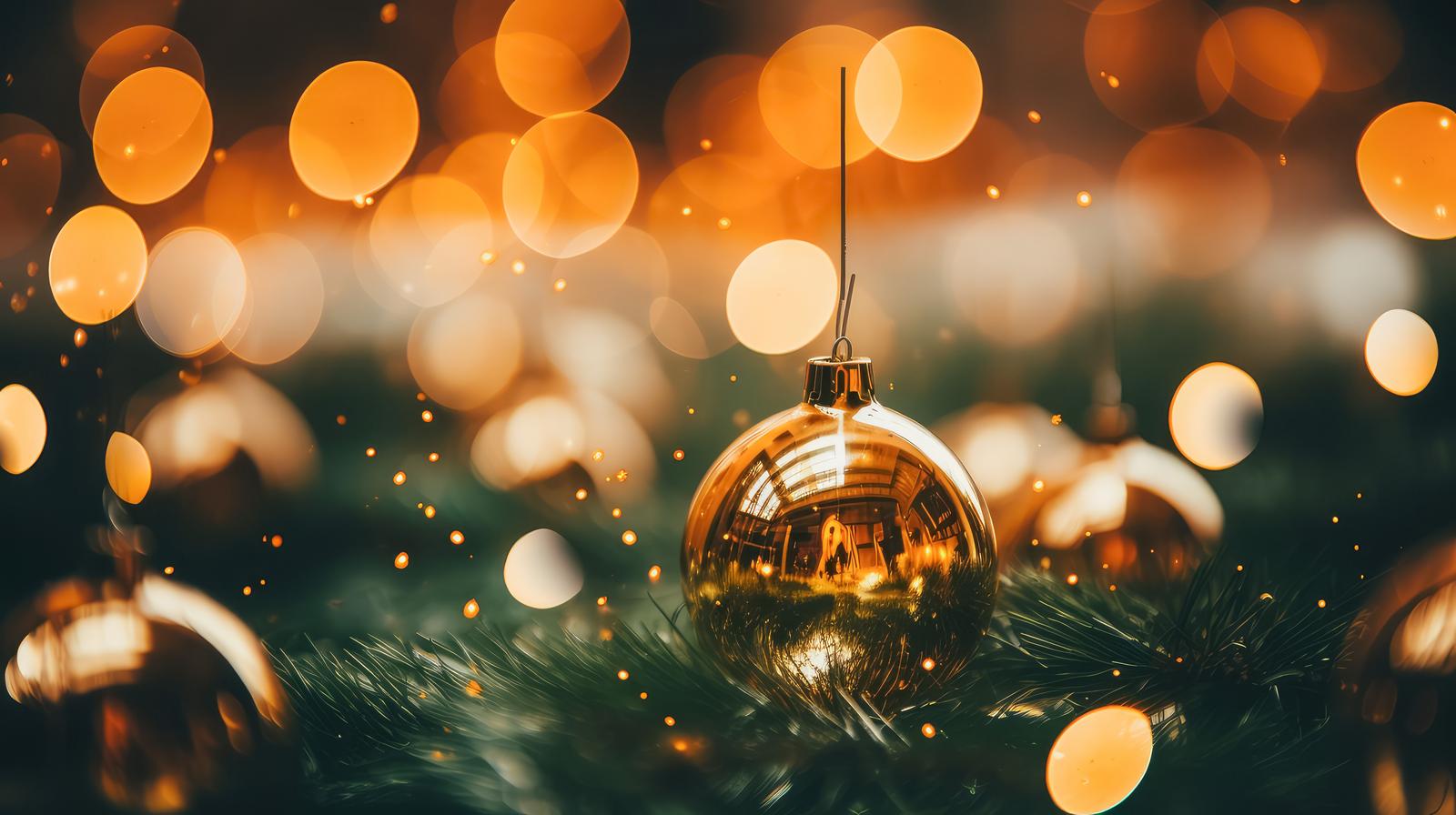 金色に輝くクリスマスオーナメントが温かなボケ光に包まれている様子