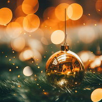 部屋に映るクリスマスツリーのオーナメントと煌めきの写真