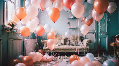 お祝いのバルーンに囲まれた古いマンションのパーティー装飾