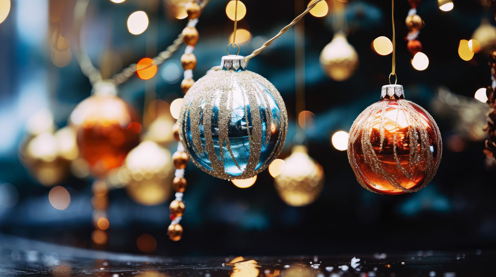 クリスマスツリーに吊り下げられた金色と銀色のボール型オーナメント