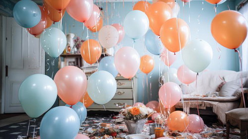 ピンク・オレンジ・水色のバルーンに囲まれたホームパーティー