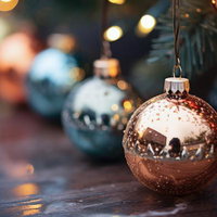 きらめく光に包まれたオーナメントボールが映し出す冬の風景の写真