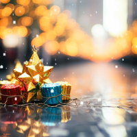 クリスマスの降雪と金色の星飾りのイルミネーションの写真