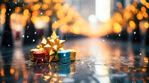 クリスマスの降雪と金色の星飾りのイルミネーション