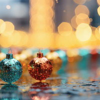 色彩豊かなオーナメントボールが輝くイルミネーションの煌めきの写真