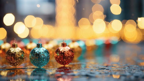色彩豊かなオーナメントボールが輝くイルミネーションの煌めき
