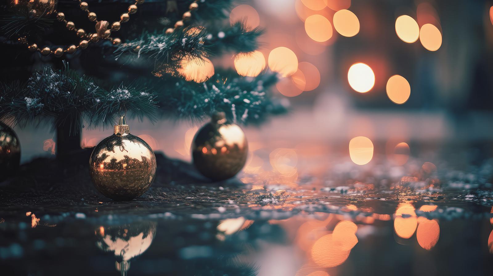 暖色系のボケ光が背景に広がるクリスマスオーナメントとイルミネーション