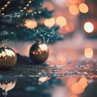 煌めくイルミネーションと風景を映すクリスマスオーナメントの写真