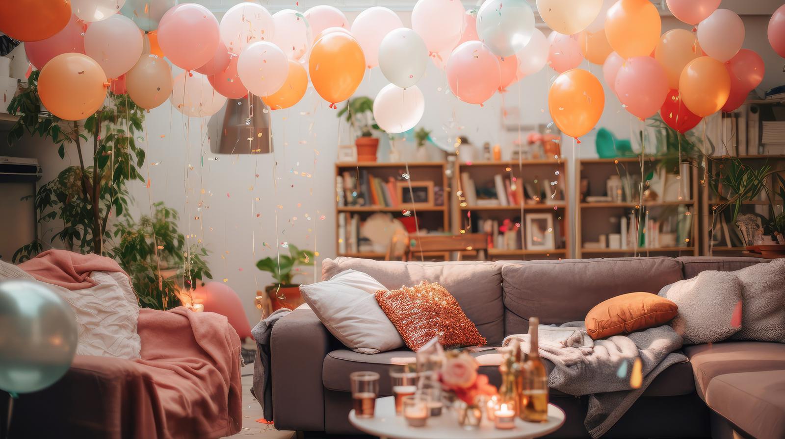 ピンク・オレンジ系のバルーン装飾が天井に浮かぶホームパーティー会場のソファー周辺