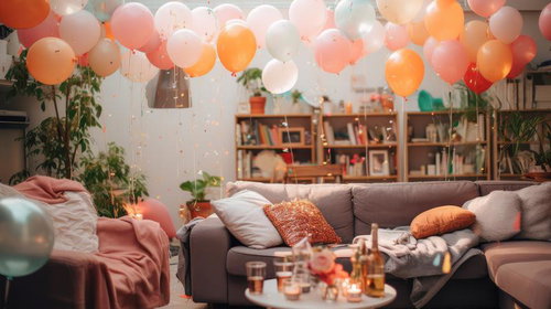 ピンク・オレンジ系バルーンで飾られたホームパーティが開催されたソファーのある部屋