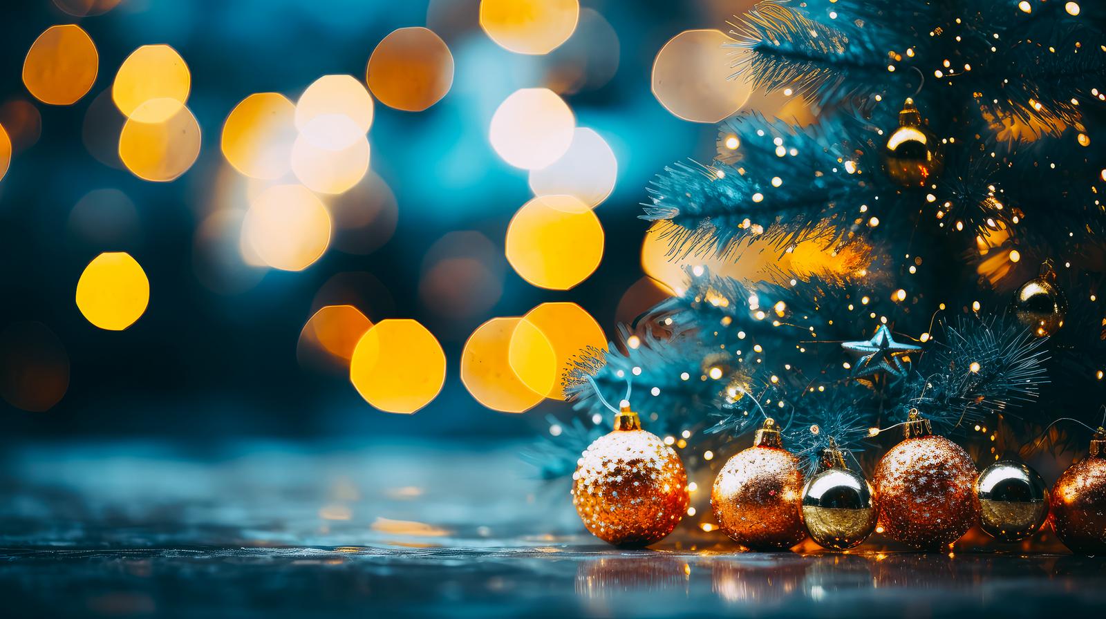 金色のオーナメントが並ぶクリスマスツリーとイルミネーション光