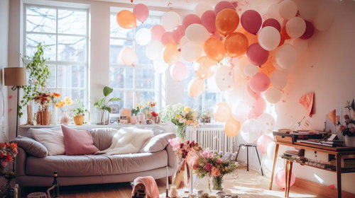 自然光の入る明るいリビングでバルーンを飾ったホームパーティー