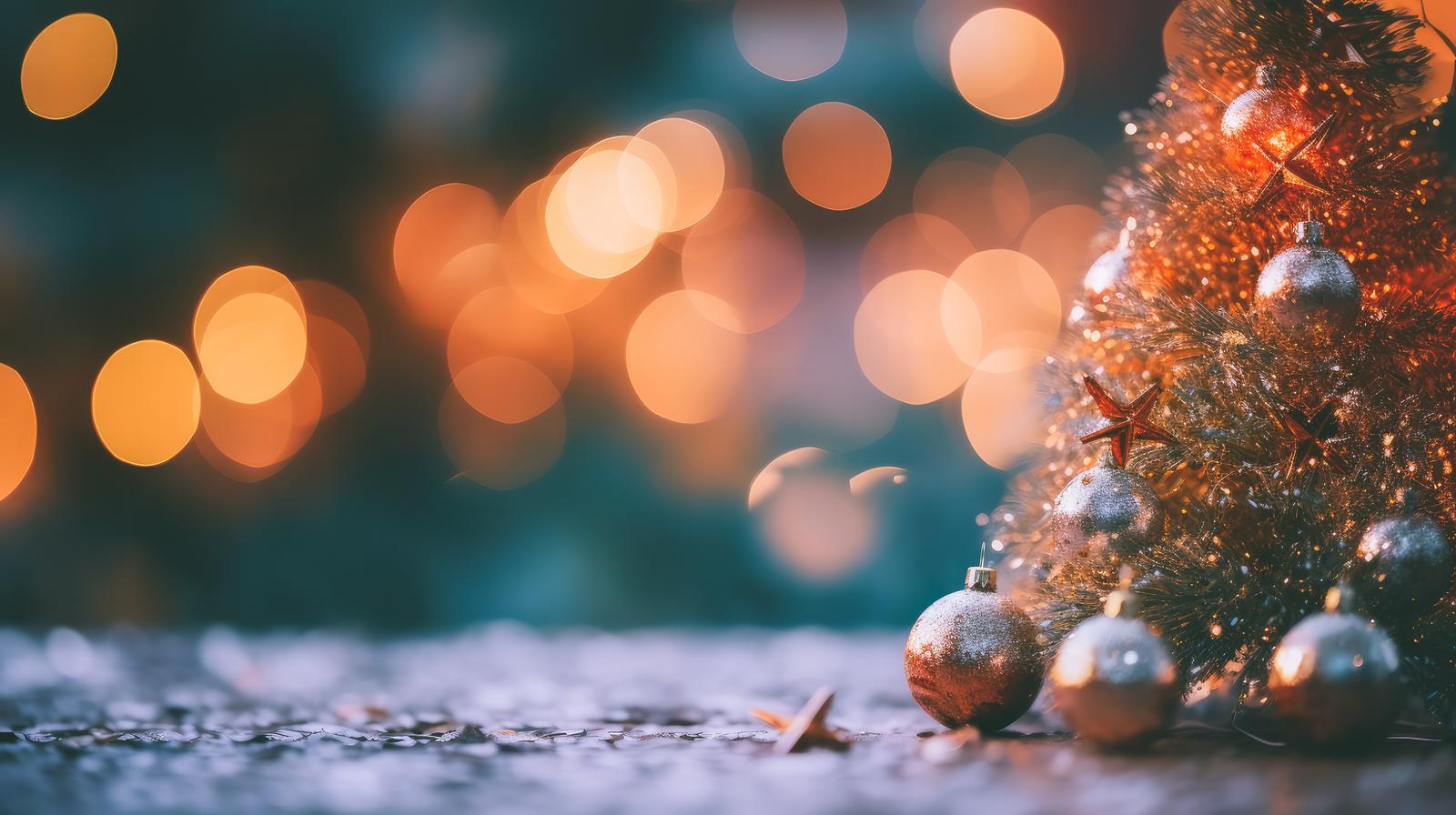 金色のオーナメントと銀色のボール、オレンジのボケ光で彩られたクリスマスツリー