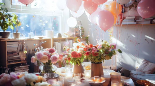 日が差し込む部屋に飾るバルーンとカーネーション