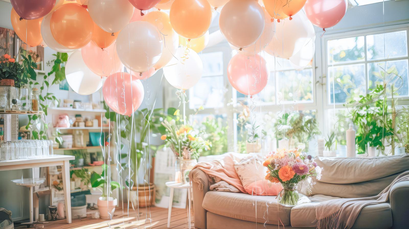 自然光の入る部屋にピンク・オレンジ色のバルーンと観葉植物を使った祝い装飾