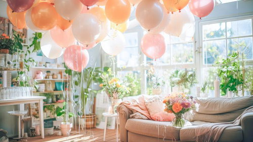 自然光あふれる部屋を彩るお祝いの大量バルーンと観葉植物