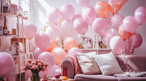 ピンク色のバルーンで飾られたお祝いパーティールーム
