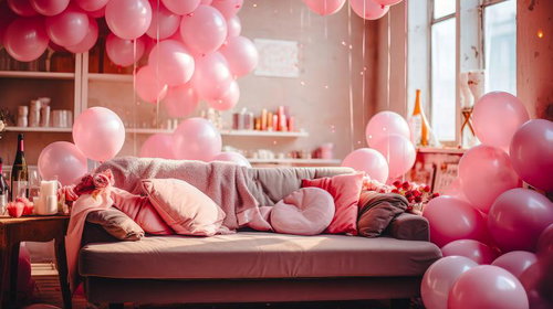 ピンク色のバルーンで彩ったパーティー装飾のリビング