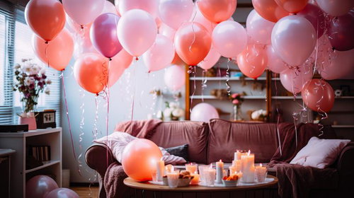 ピンクの風船に囲まれたホームパーティーのリビング