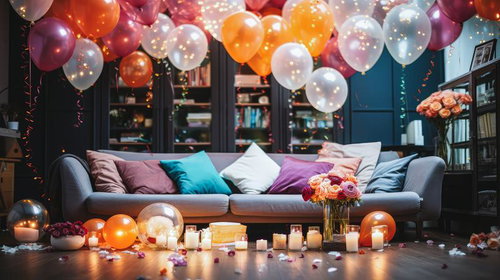大きなソファーがあるリビングでカラフルなバルーン装飾のホームパーティー