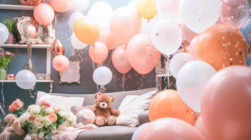 ピンク・オレンジ色のバルーンに囲まれたソファー上のくまさん