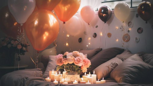 キャンドルと風船で彩ったリビングルームのお祝い空間