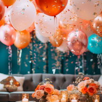 バルーンとコンフェッティが舞うホームパーティーのリビングの写真