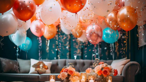 バルーンとコンフェッティが舞うホームパーティーのリビング
